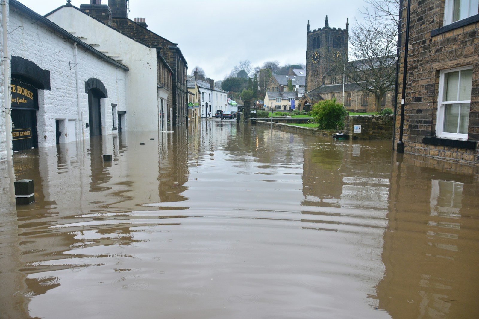 flooded town under blue sky and white clouds